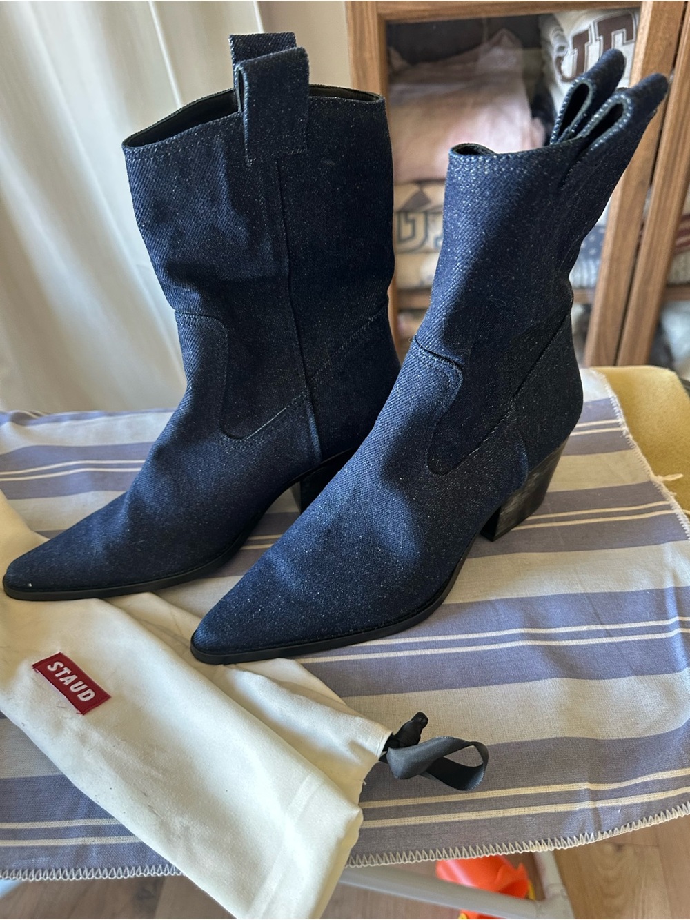 STAUD Dark Denim Western Ankle Boots